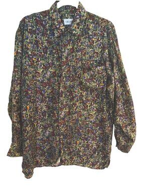 Vintage Cezar Abstract Geometric Green  Print Long Sleeve Button Down Shirt Sz L
